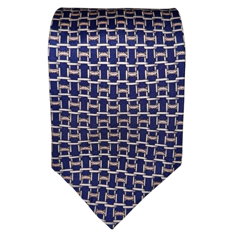 Paul Fredrick Mens Tie Silk Blue Equestrian Geometric Hand Made USA 3.5x60”
